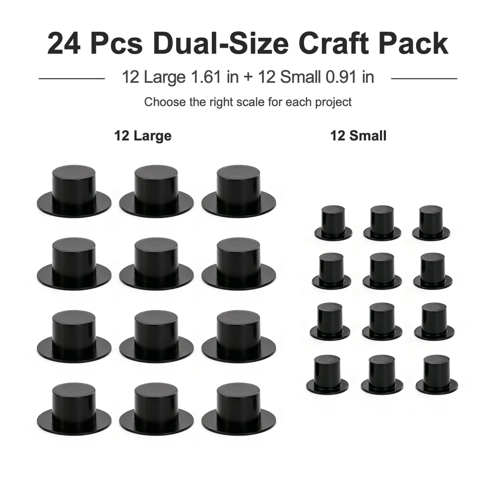 Azude Mini Top Hats for Crafts, 24 Black Plastic Hats, 2 Sizes — view 2