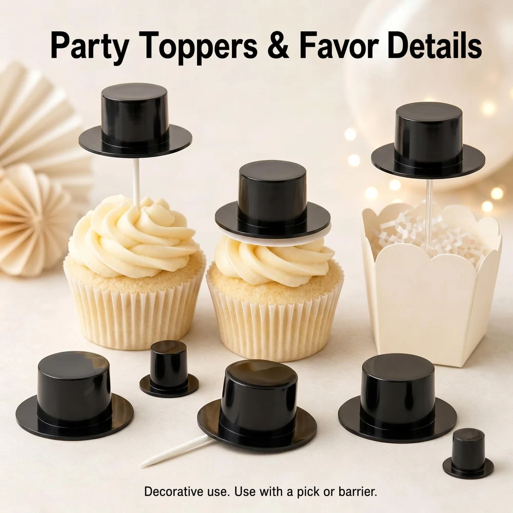 Azude Mini Top Hats for Crafts, 24 Black Plastic Hats, 2 Sizes — view 6