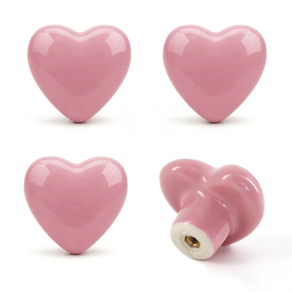 Azude pink heart ceramic drawer knobs, set of 4 with mounting screws