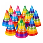 Azude rainbow party hats: 12 ombre cone hats with foil Happy Birthday lettering
