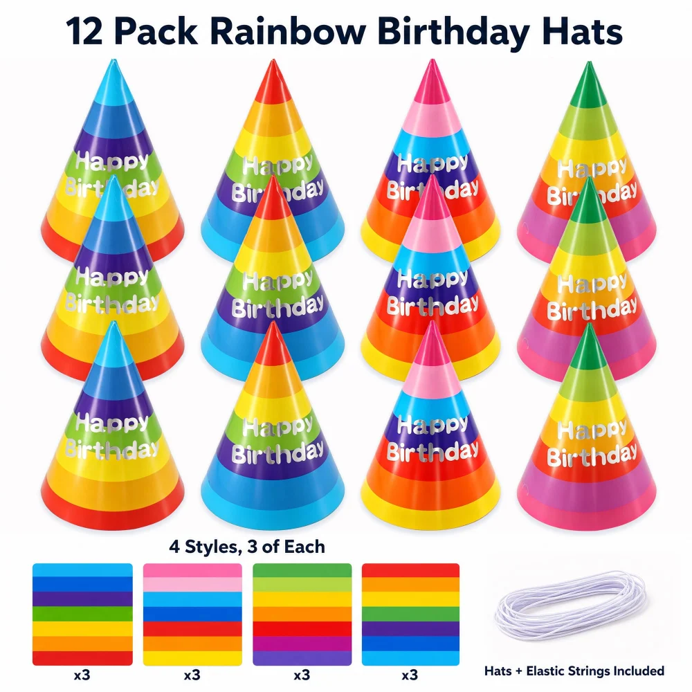 Azude Rainbow Birthday Party Hats, 12-Pack, 7.9 in Foil Cones — view 2