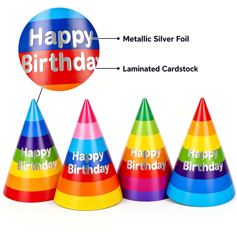 Azude Rainbow Birthday Party Hats, 12-Pack, 7.9 in Foil Cones — view 3
