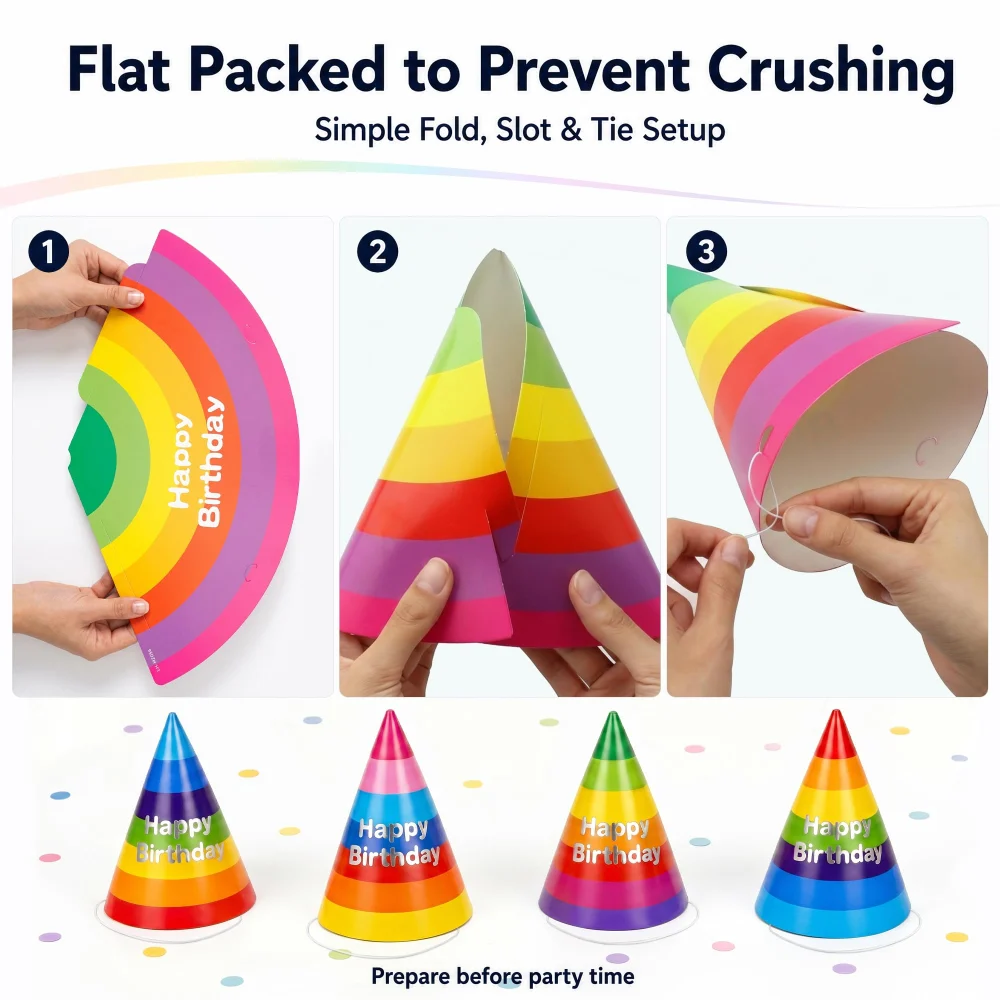 Azude Rainbow Birthday Party Hats, 12-Pack, 7.9 in Foil Cones — view 4