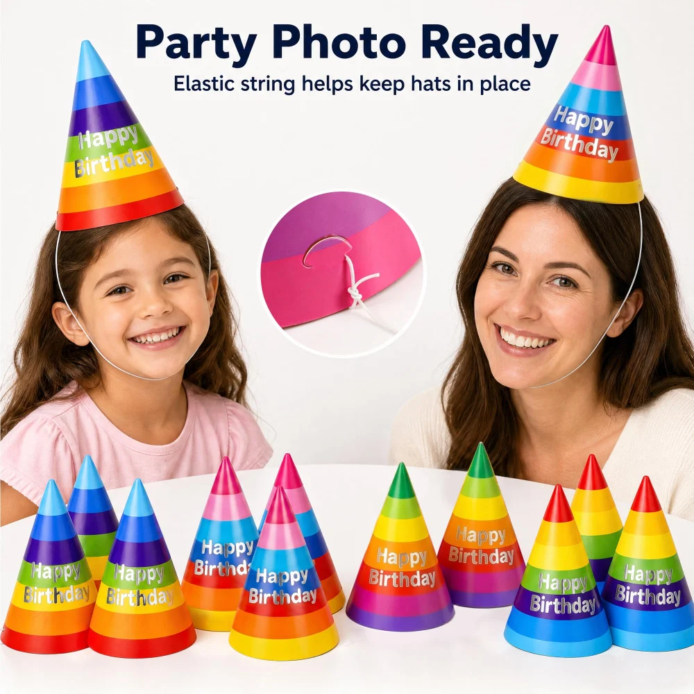 Azude Rainbow Birthday Party Hats, 12-Pack, 7.9 in Foil Cones — view 5