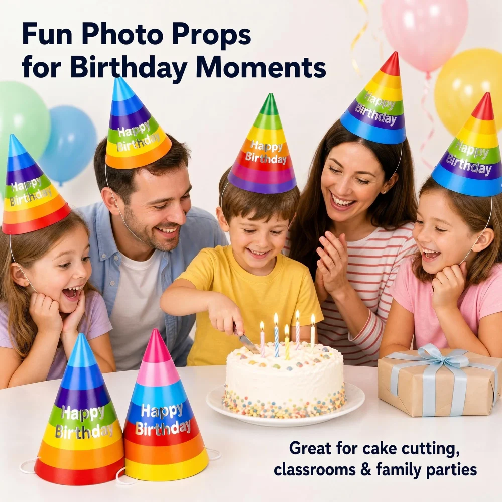 Azude Rainbow Birthday Party Hats, 12-Pack, 7.9 in Foil Cones — view 6