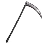 Azude scythe costume prop with distressed silver-black blade and spiral-wrapped black shaft
