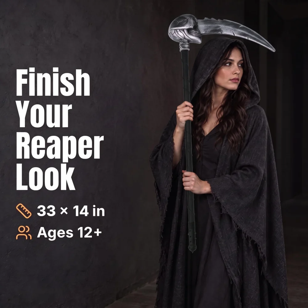 Azude Skull Scythe Prop, 33 in Silver-Gray Grim Reaper Sickle — view 2