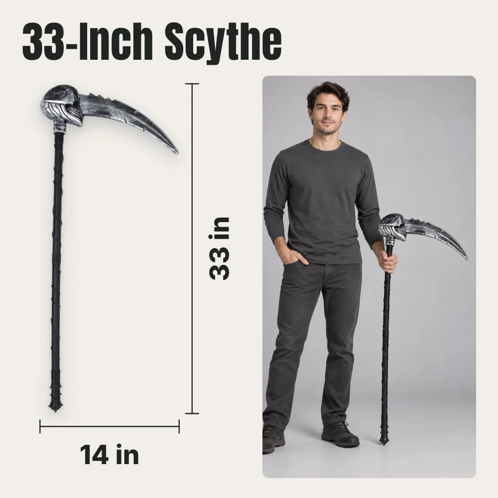 Azude Skull Scythe Prop, 33 in Silver-Gray Grim Reaper Sickle — view 3