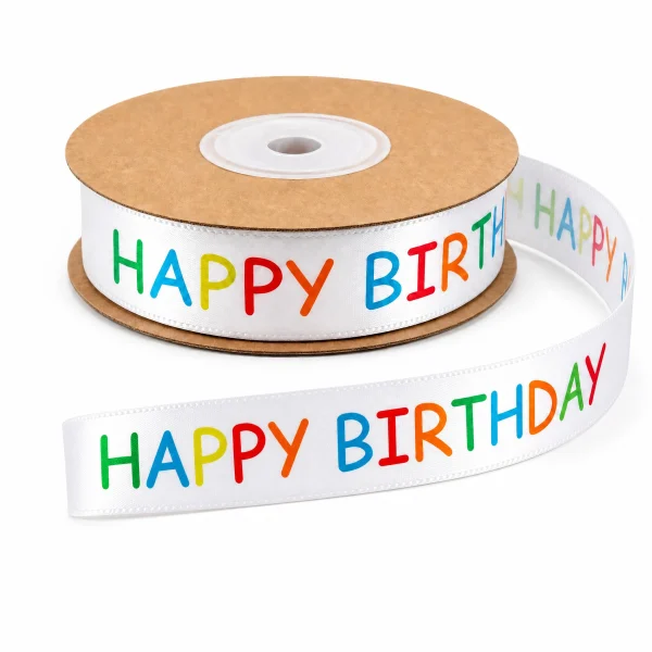 Beurio happy birthday ribbon roll, white with multicolor lettering