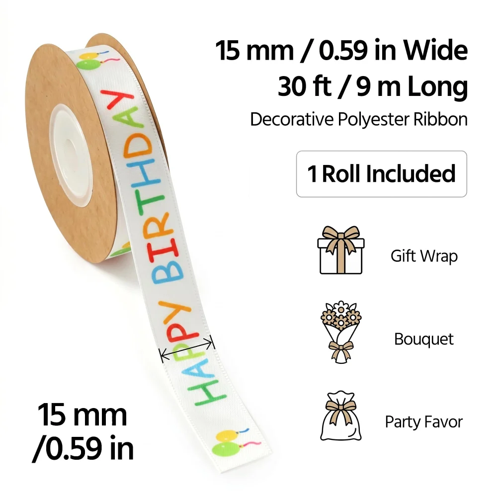 Beurio Happy Birthday Ribbon, 15 mm x 30 ft Printed Gift Ribbon — view 2