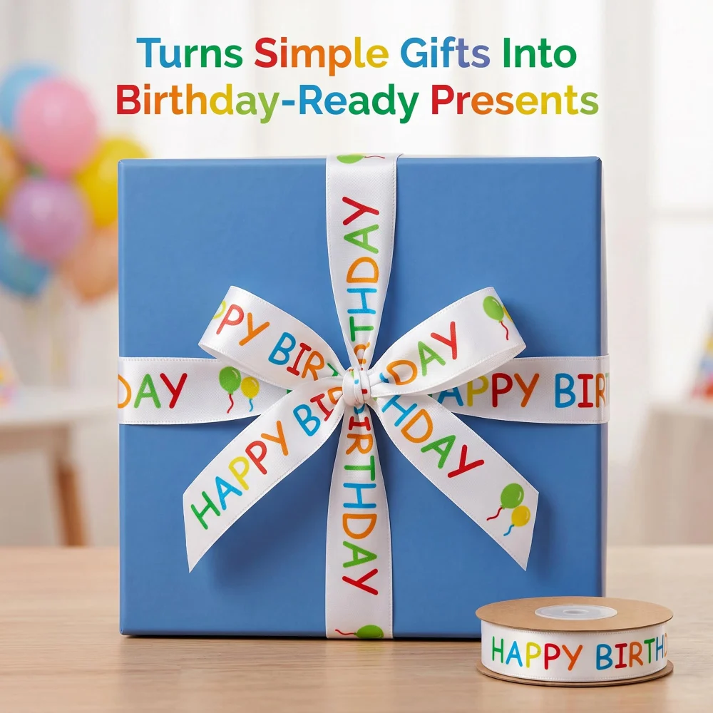 Beurio Happy Birthday Ribbon, 15 mm x 30 ft Printed Gift Ribbon — view 3