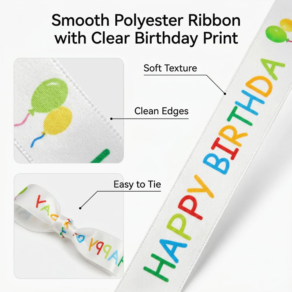 Beurio Happy Birthday Ribbon, 15 mm x 30 ft Printed Gift Ribbon — view 4