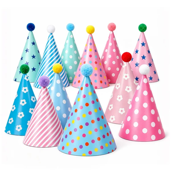 Beurio pastel party hats: 12 paper cone hats with pom poms in pink, blue, mint and lavender