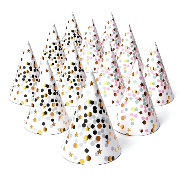 Boieo birthday party hats: 6 black and 6 pink confetti-print paper cones