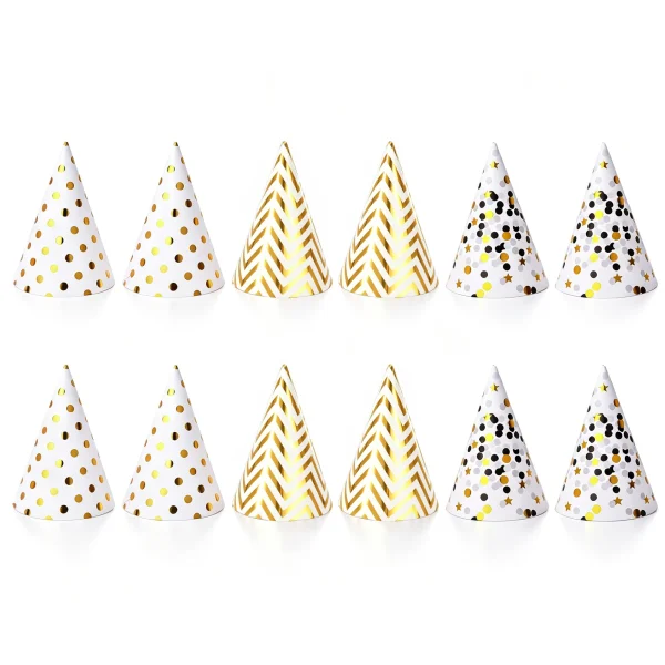 Boieo gold party hats: 12 paper cones in black-and-gold dot, gold dot and gold stripe designs