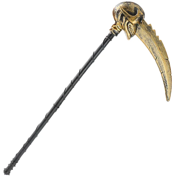 Boieo gold skull grim reaper scythe prop assembled, curved blade on a black staff