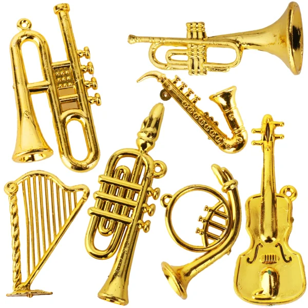 Boieo miniature musical instruments: 7 gold-tone plastic pieces