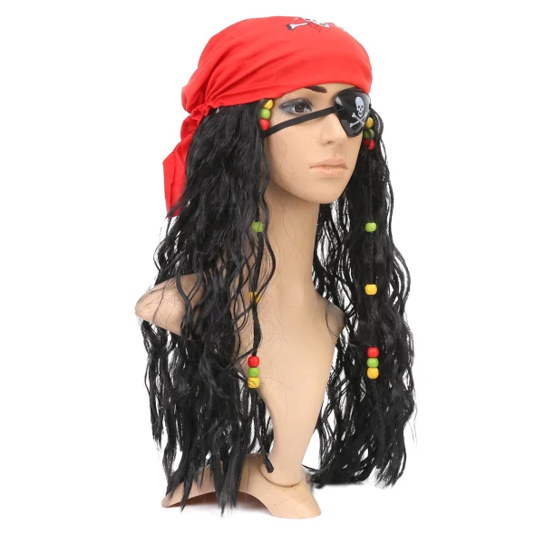 Boieo black wavy pirate wig with red bandana and skull eye patch
