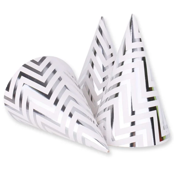 Boieo silver party hats: 10 cone hats with a silver and white wave pattern