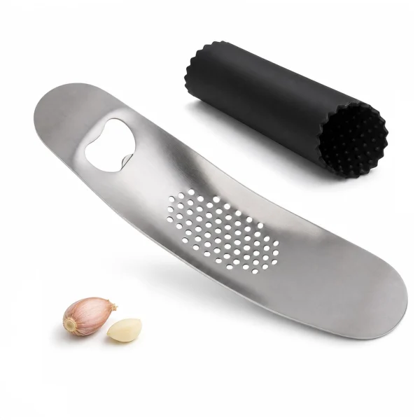 Inxens stainless steel garlic press rocker with a black silicone peeler tube
