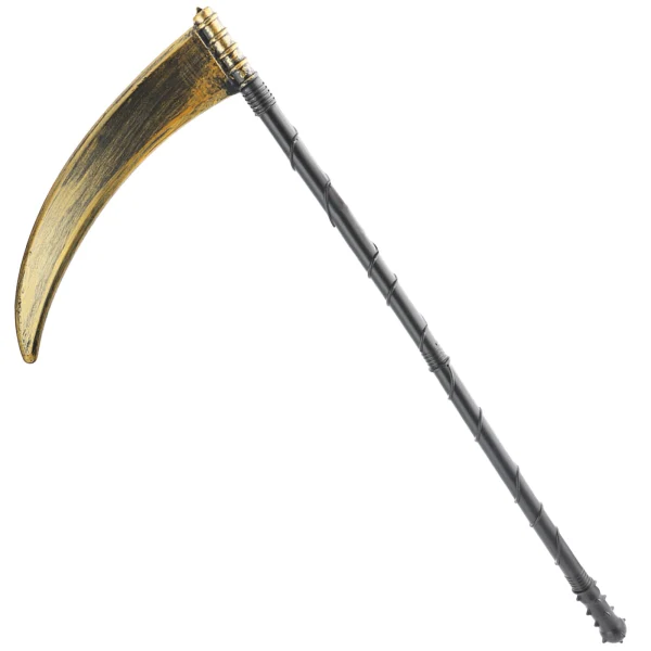 Inxens grim reaper staff assembled, gold curved blade on a black handle
