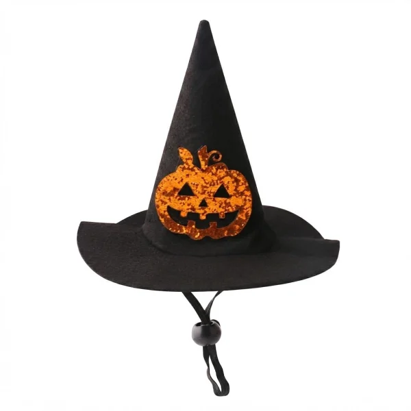 Inxens black felt dog witch hat with orange jack-o'-lantern accent, front view