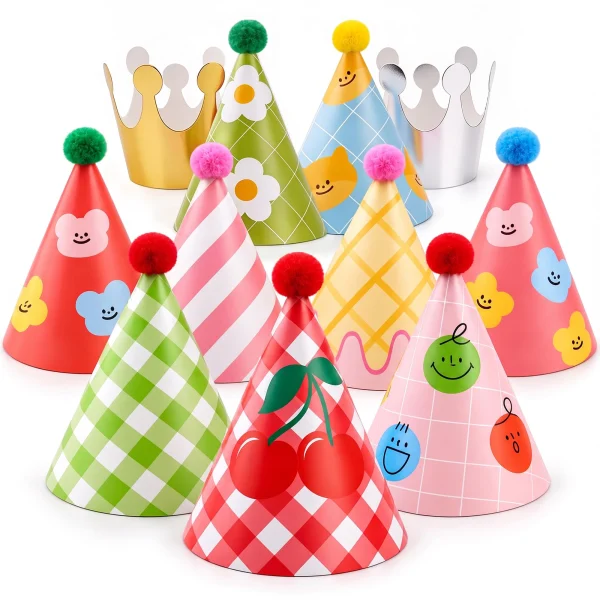 Inxens mini birthday hats: 9 patterned paper cones with pom poms plus a gold and a silver crown