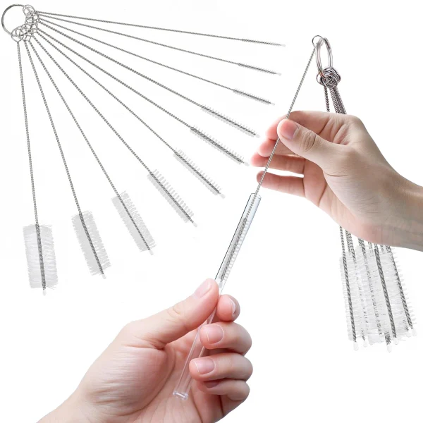 Inxens straw cleaner brush set, 10 white brushes in mixed sizes on a storage ring