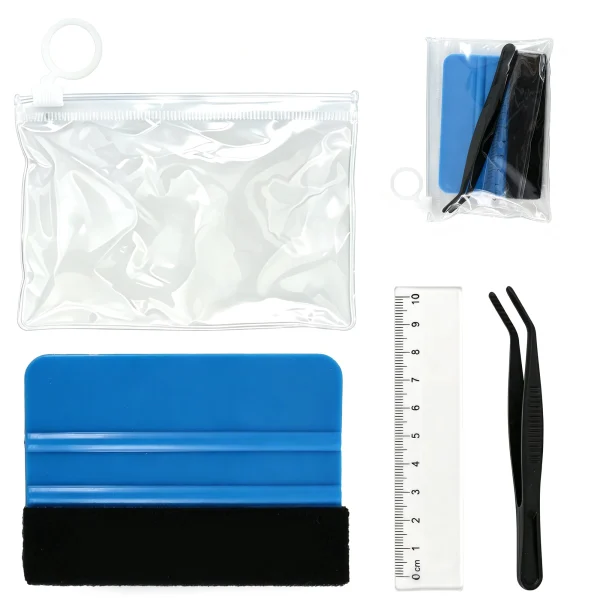Inxens waterslide decal tool kit with blue felt-edge squeegee, bent-tip tweezers and clear ruler