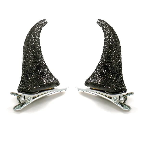 Olen black glitter devil horn hair clips, 1 pair of mini horns