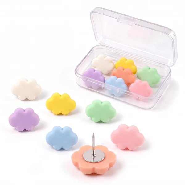 Olen cloud push pins, 14 resin pins in seven colors with a clear storage case