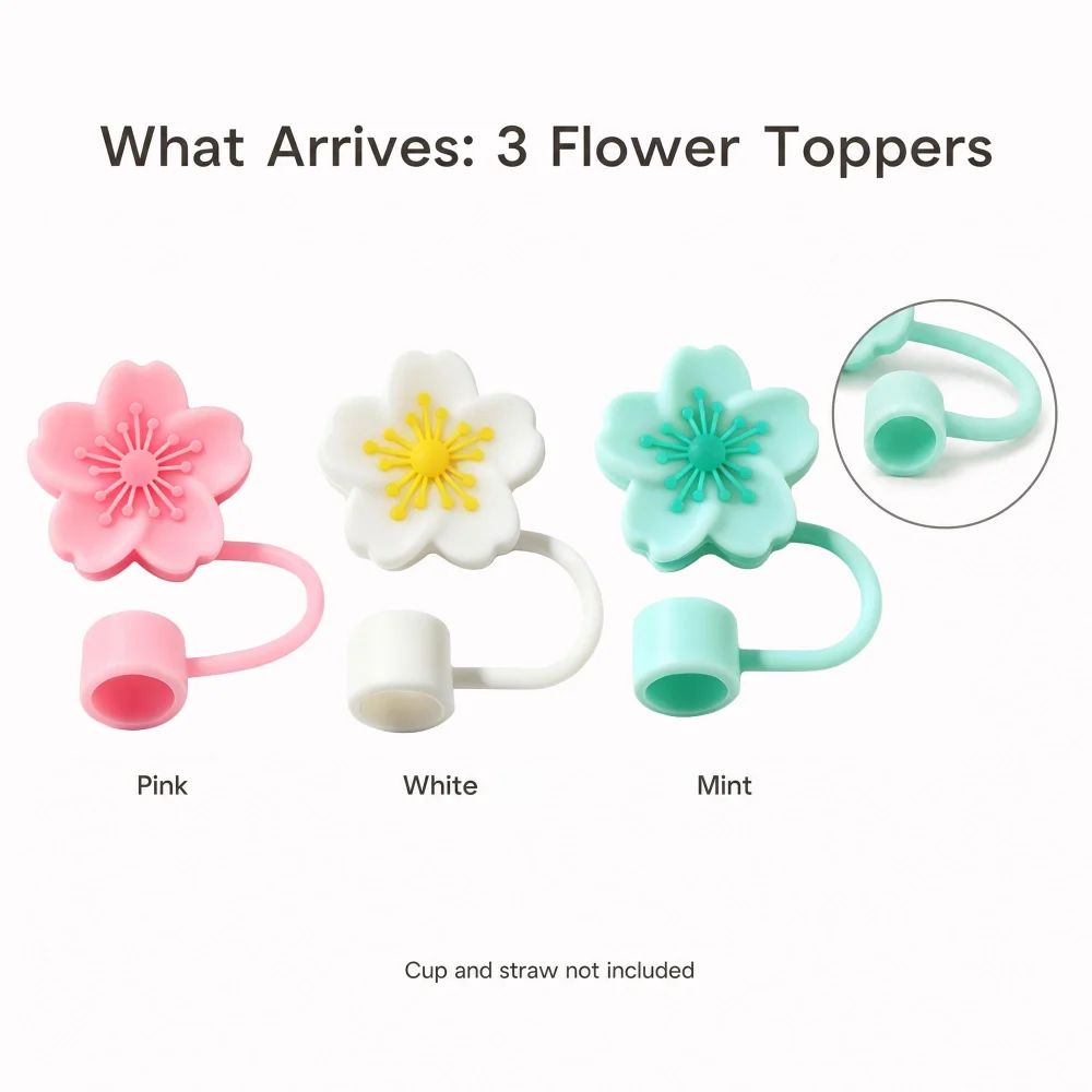 Olen Flower Straw Toppers, 3 Silicone Covers for 10 mm Straws — view 2