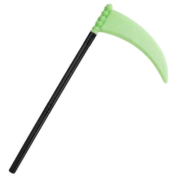 Olen glow-in-the-dark scythe prop with fluorescent green blade and black handle