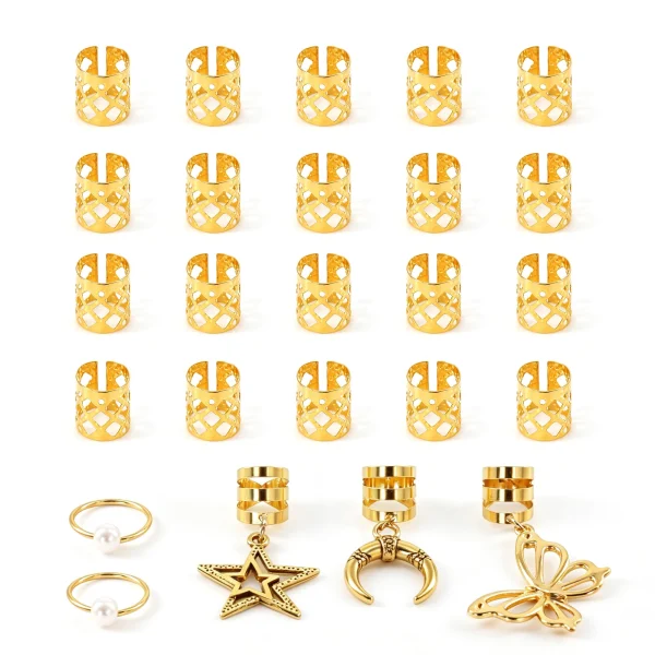 Olen gold hair jewelry set: 20 filigree cuffs, 2 pearl rings and butterfly, star and moon charms