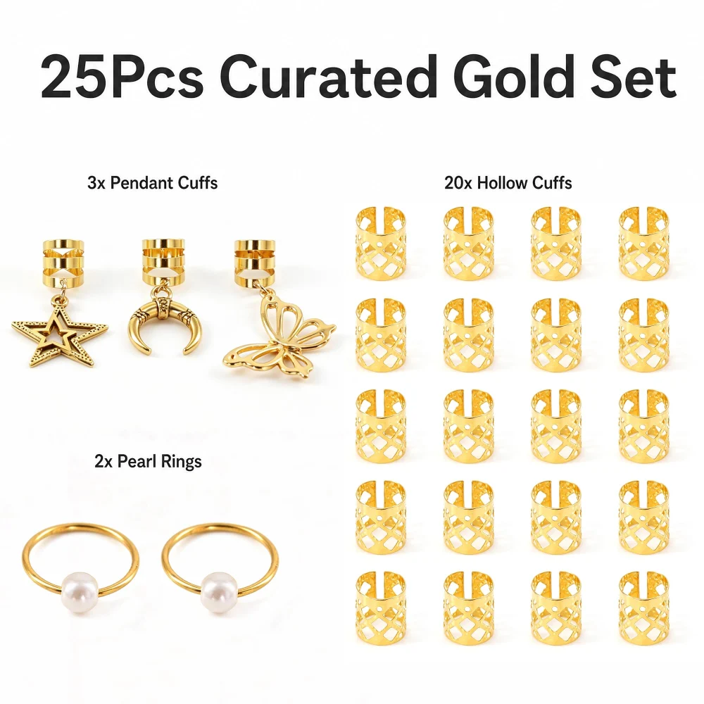 Olen Gold Hair Jewelry for Braids, 25 Pcs Cuffs, Rings, Charms — view 2