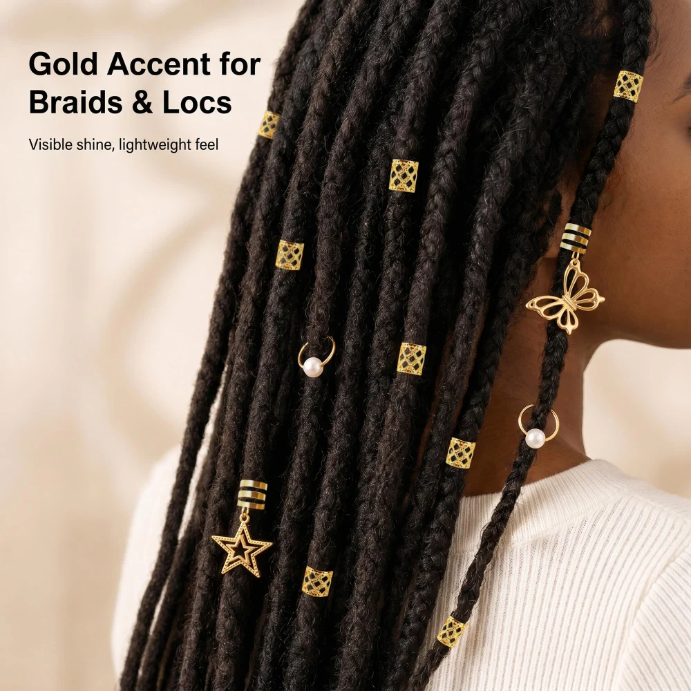Olen Gold Hair Jewelry for Braids, 25 Pcs Cuffs, Rings, Charms — view 3
