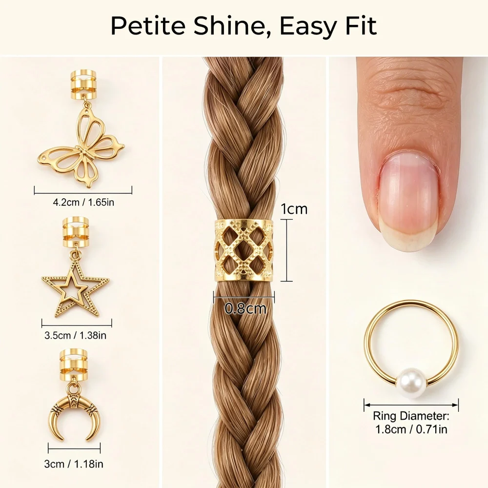 Olen Gold Hair Jewelry for Braids, 25 Pcs Cuffs, Rings, Charms — view 4