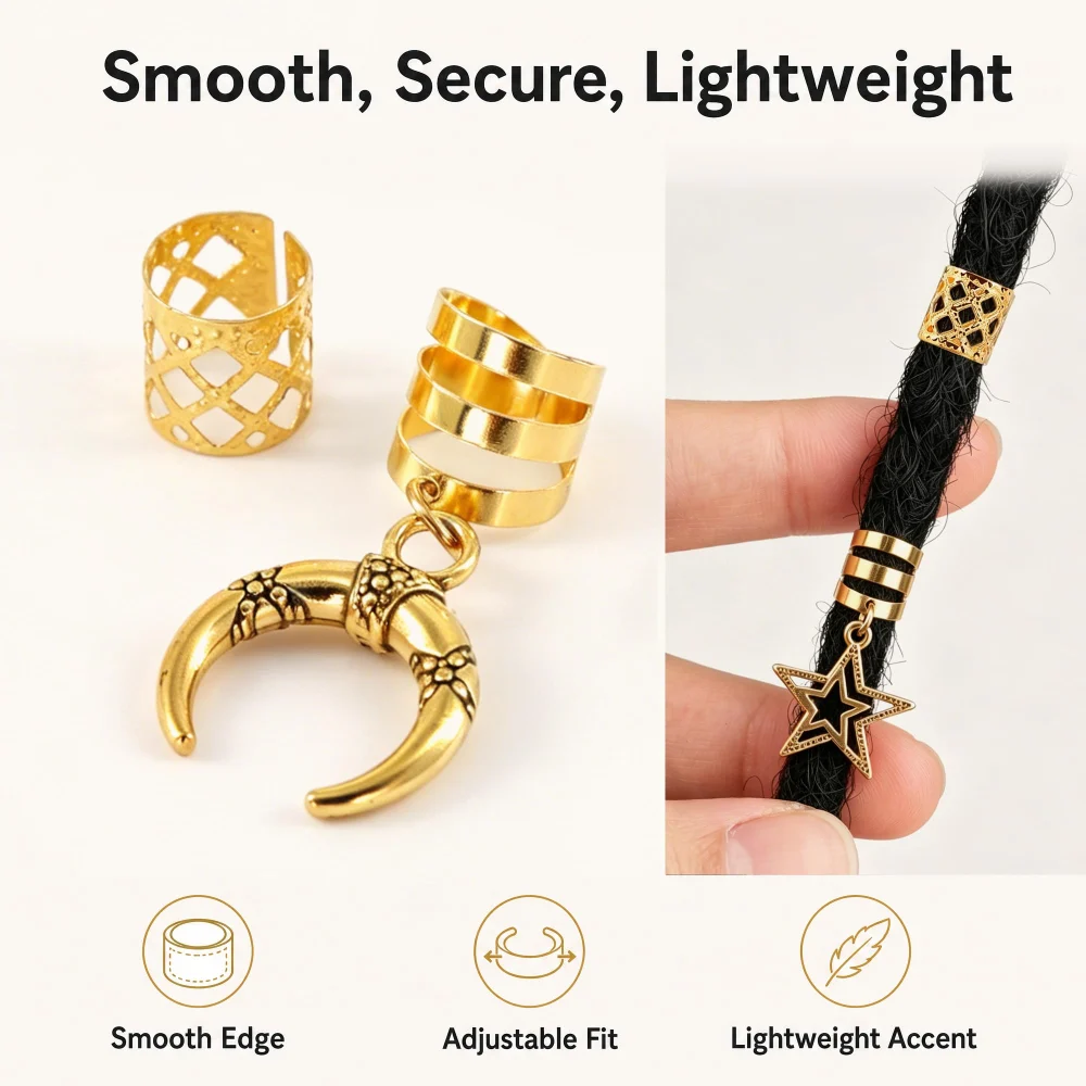 Olen Gold Hair Jewelry for Braids, 25 Pcs Cuffs, Rings, Charms — view 6