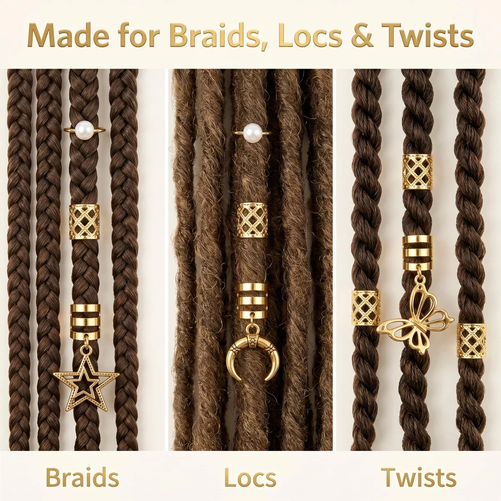 Olen Gold Hair Jewelry for Braids, 25 Pcs Cuffs, Rings, Charms — view 7