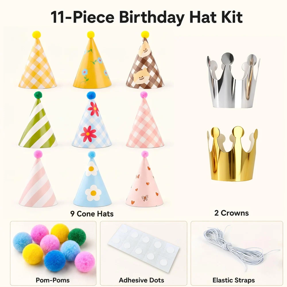 Olen Kids Party Hats, 11-Pack: 9 Pom Pom Cones + 2 Crowns — view 2