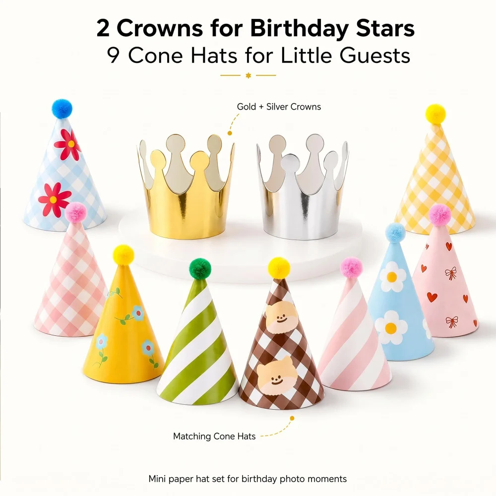 Olen Kids Party Hats, 11-Pack: 9 Pom Pom Cones + 2 Crowns — view 3