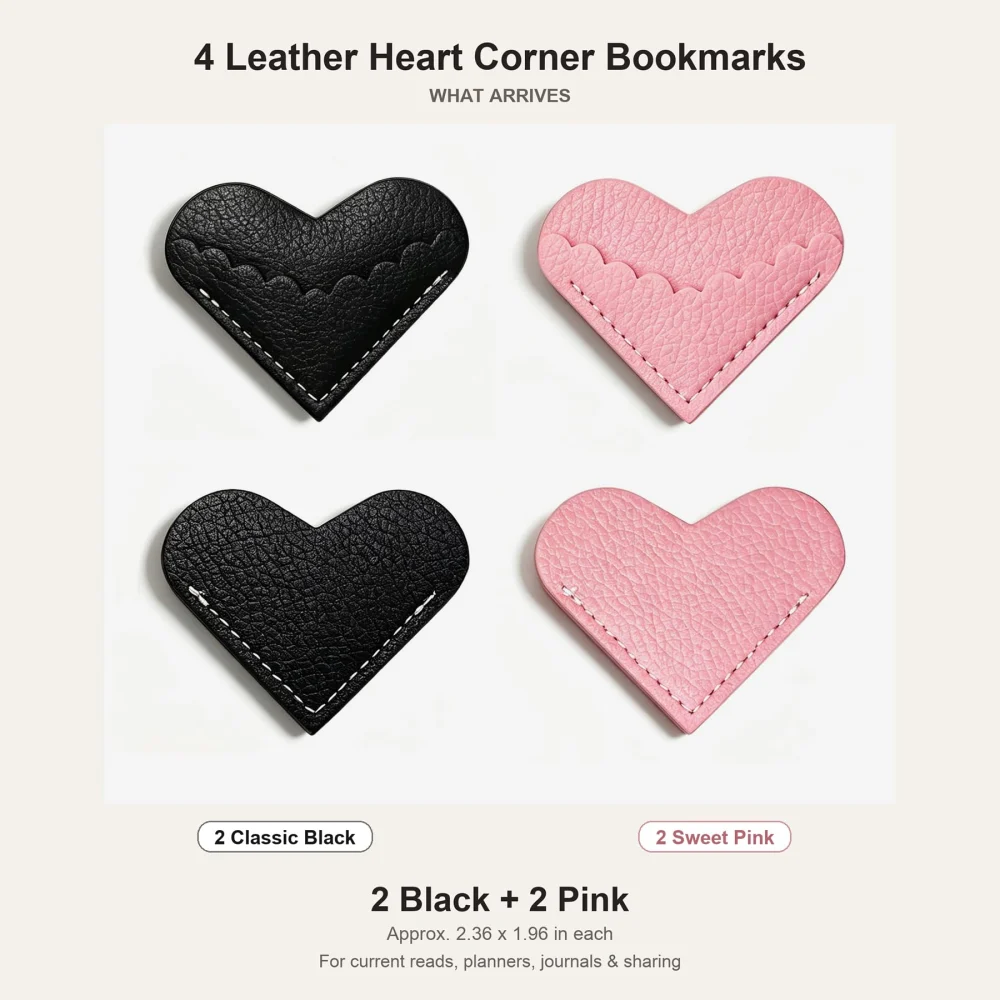 Olen Leather Heart Corner Bookmarks, 4 Pack, Pink and Black — view 2