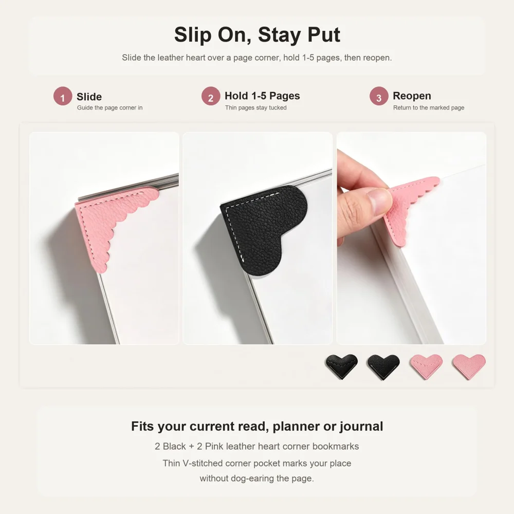Olen Leather Heart Corner Bookmarks, 4 Pack, Pink and Black — view 3