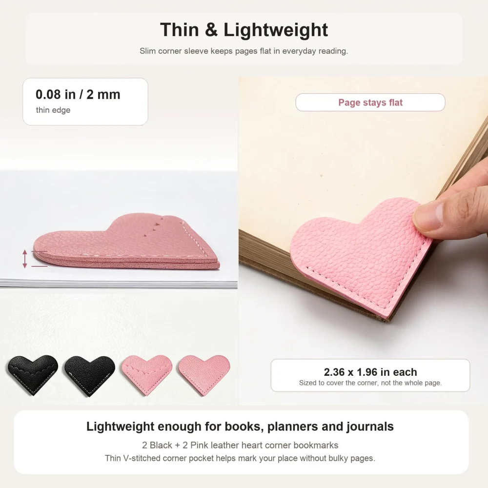 Olen Leather Heart Corner Bookmarks, 4 Pack, Pink and Black — view 5