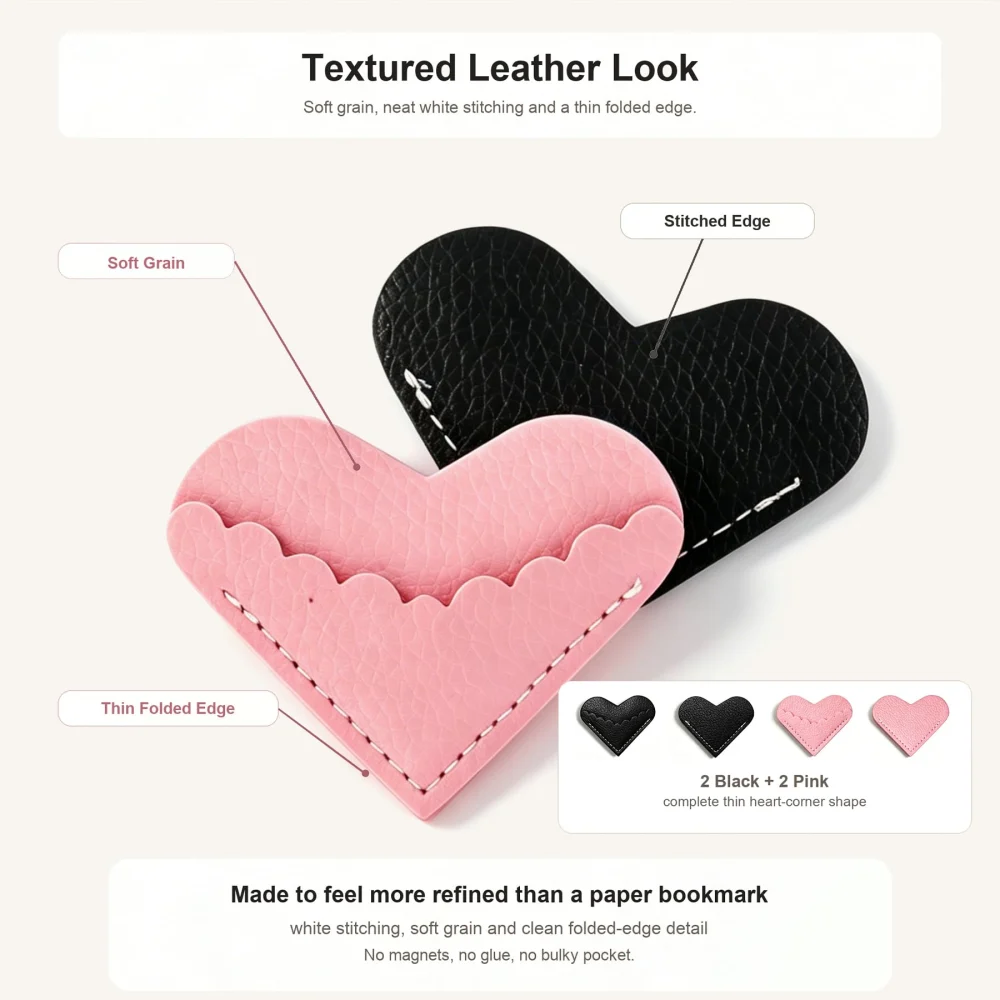 Olen Leather Heart Corner Bookmarks, 4 Pack, Pink and Black — view 6