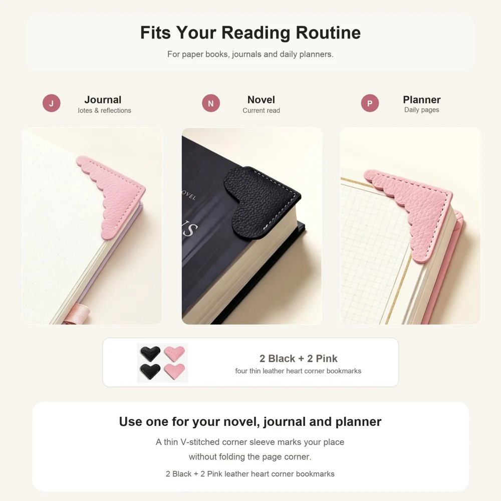 Olen Leather Heart Corner Bookmarks, 4 Pack, Pink and Black — view 7
