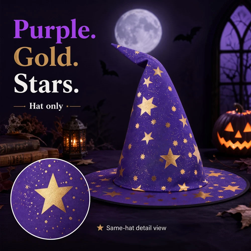 Olen Purple Witch Hat with Gold Stars for Women, One Size — view 5