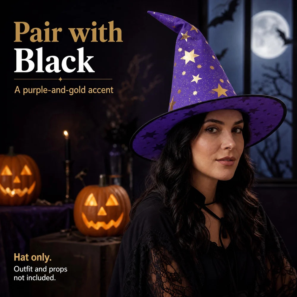 Olen Purple Witch Hat with Gold Stars for Women, One Size — view 7