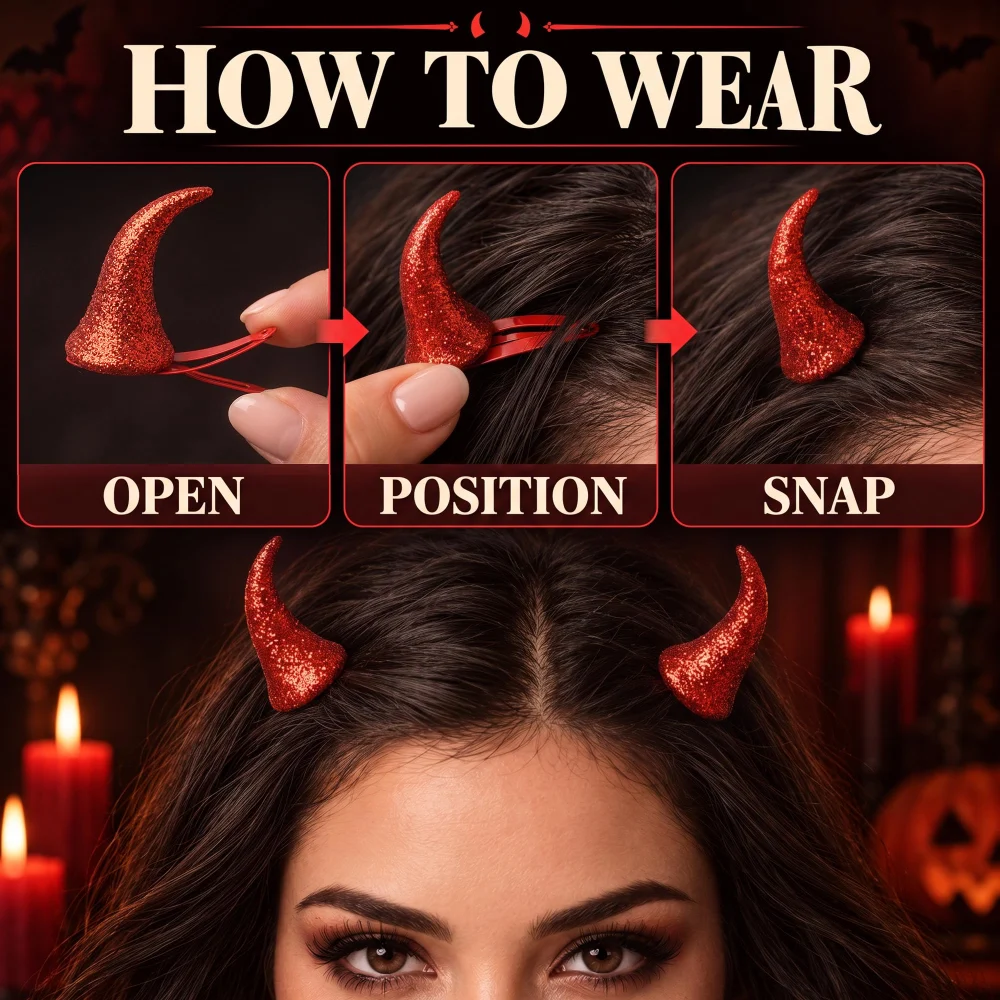 Olen Red Glitter Devil Horn Hair Clips, 1.57 in Mini Pair — view 3