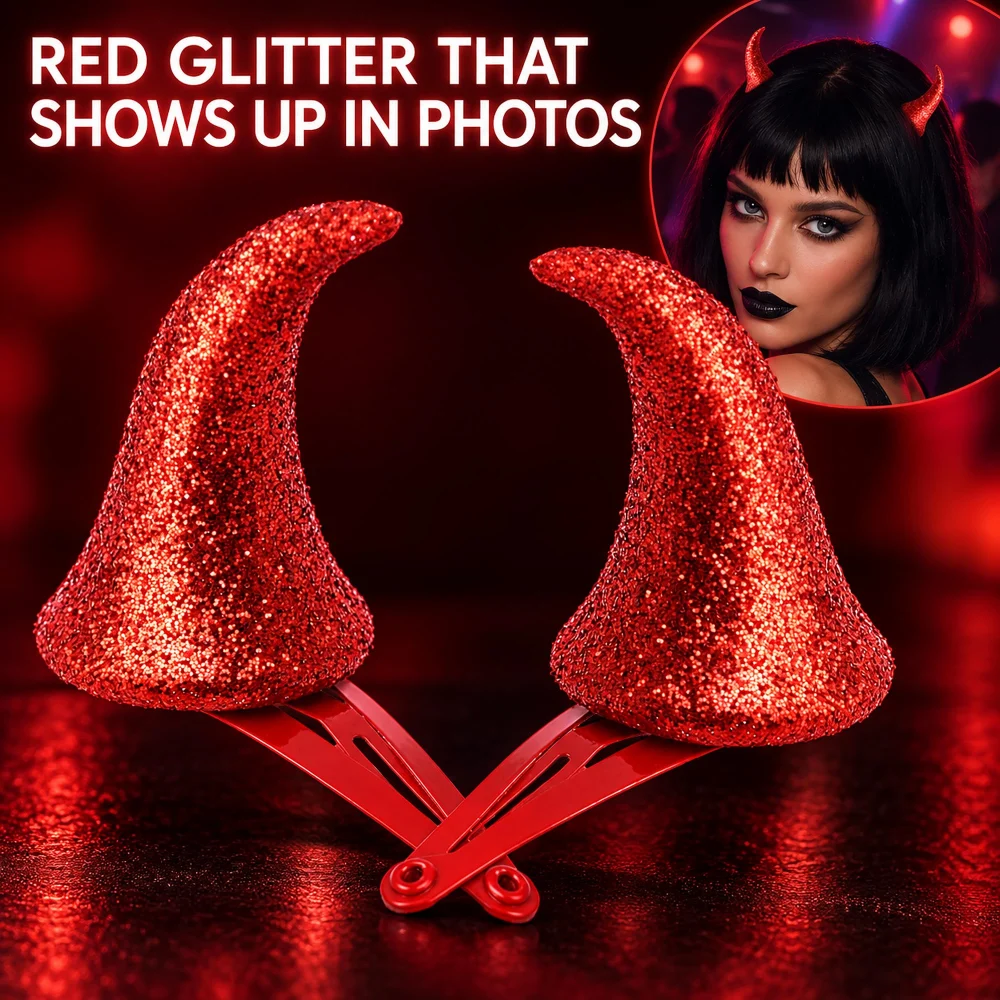 Olen Red Glitter Devil Horn Hair Clips, 1.57 in Mini Pair — view 7